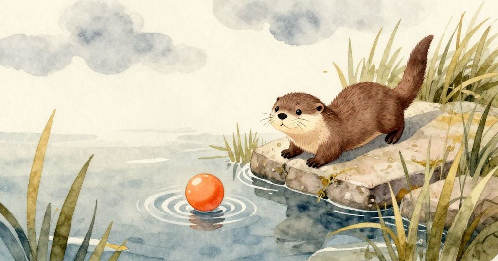 小水獺在靜謐海濱滑下蘆葦旁的石階，天空灰雲飄浮，橘色球在波紋中漂浮，畫面充滿寧靜溫暖之感。