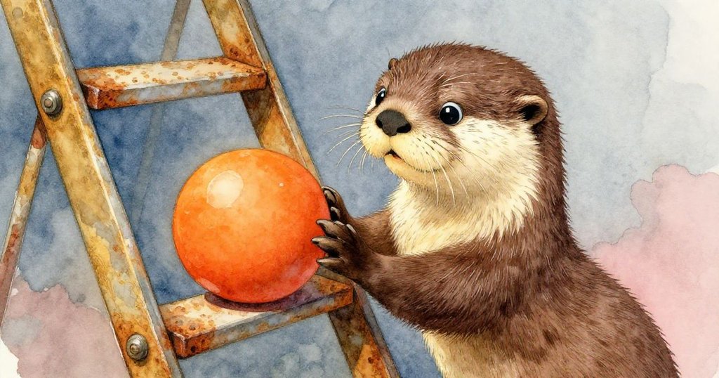 小水獺好奇觸碰安放在生鏽梯子上閃亮橘球，細膩表現金屬與水珠質感，充滿探索驚喜。