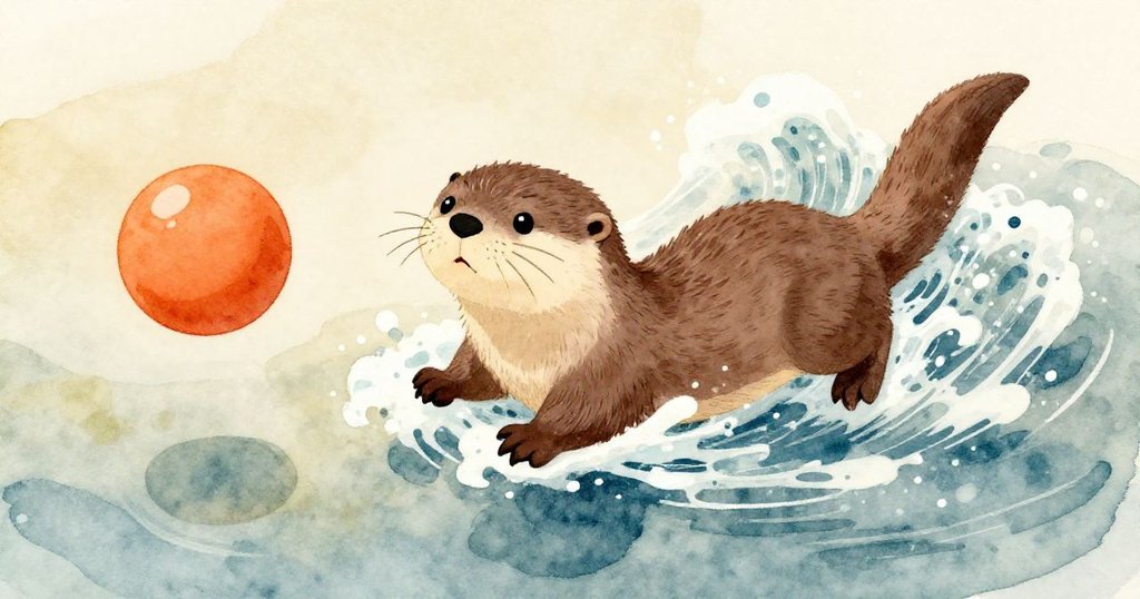 從高處俯視，小水獺努力划水對抗波浪，橘球隨波飄移，畫面展現堅定與緊張氣氛。