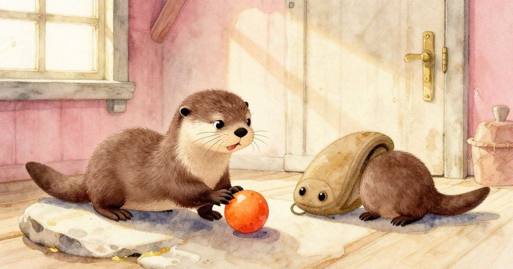 在古樸船屋內，小水獺輕拍岩石上橘球，透過窗外可見海景，柔和光線營造溫馨放鬆氛圍。