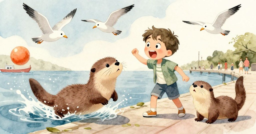 碼頭上男孩熱烈呼喊引起海鷗飛舞，水花四濺中小水獺驚愕觀望橘球移動，場景熱鬧生動。