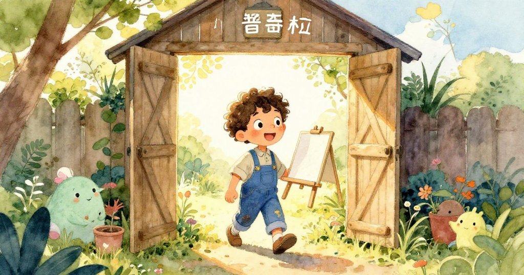 Milo 開心地走進花園小屋，手提畫架和白板，早晨溫暖光線映照著他充滿期待的臉龐與環境。