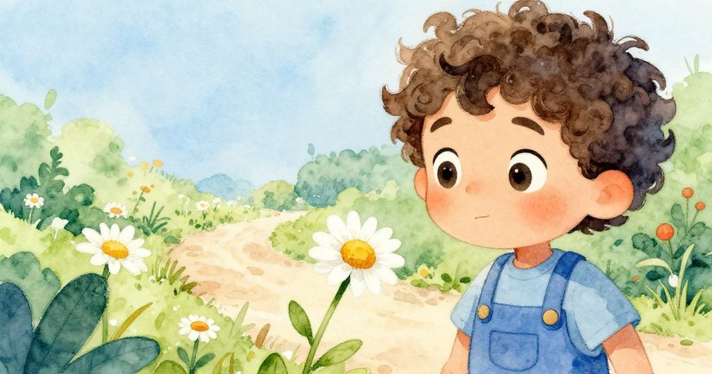 Milo 專注凝視著盛開的雛菊，充滿驚奇與認真，背景是柔和的花園小徑，展現出創作前的動人瞬間。