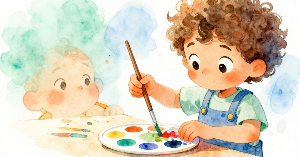 從低角度觀察，Milo 專心調色於塑料調色板上，手部細緻動作展現創意與專注，色彩鮮豔生動。