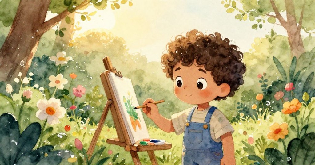 在充滿朝露與鮮花的花園裡，Milo 專注於畫雛菊，環境清新自然，晨光柔和映出寧靜與活力。