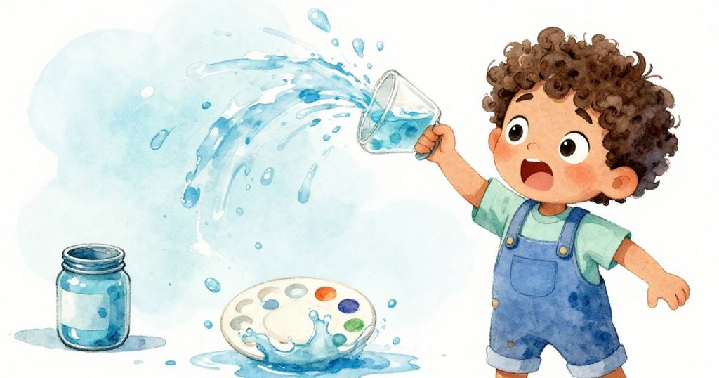 微風吹起水杯傾斜，水花濺起推動調色板和藍色顏料瓶，Milo 充滿驚訝與緊張，瞬間氣氛凝重。