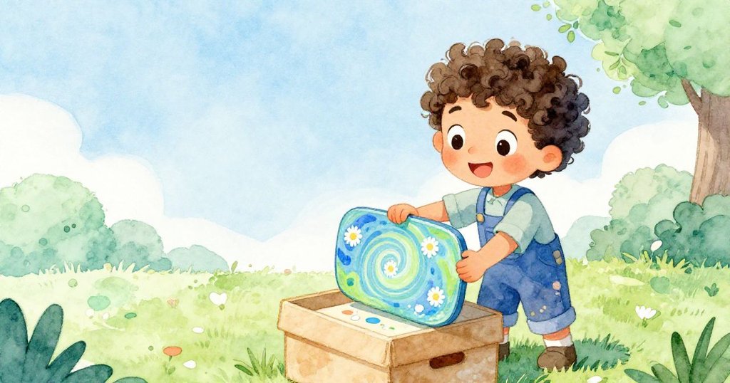 Milo 微笑著將充滿藍綠漩渦與花朵印痕的畫板放在乾燥箱上，面向廣闊明亮的新景象，心中充滿期待與喜悅。