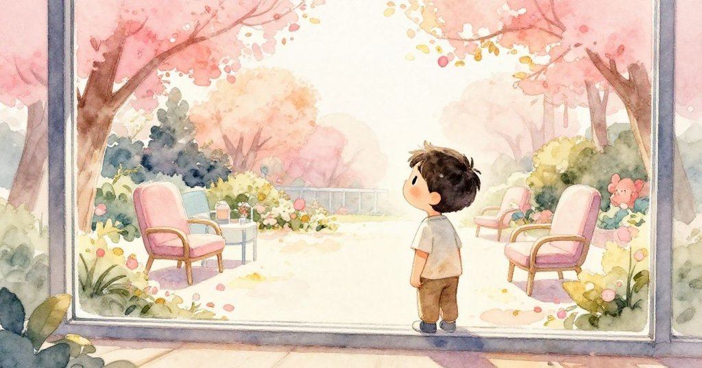 Nico站於室內透窗望向綠意花園，窗中映出柔和病院景致，眼神中帶著期待與溫暖情懷。