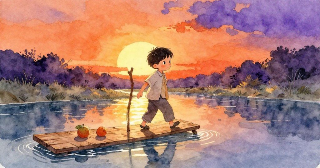 從高處俯瞰Nico走在搖晃木板上，河面平靜映照夕陽，棍子和水果隨風輕動，充滿小心與專注。