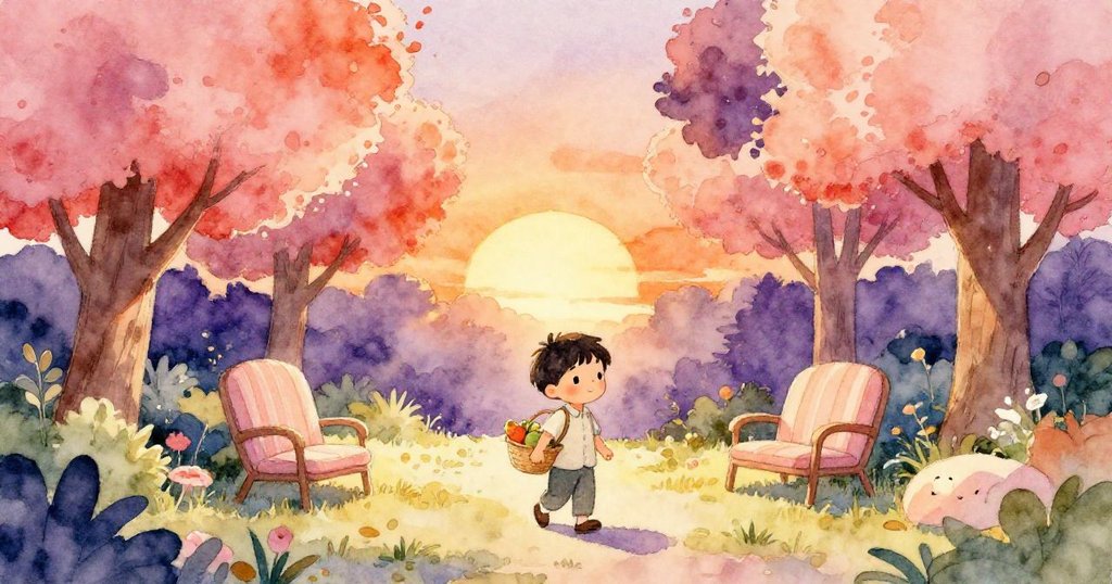 Nico微笑著在病院花園提著水果走向柔軟椅子，完成使命後滿懷成就與平靜，場景溫馨動人。