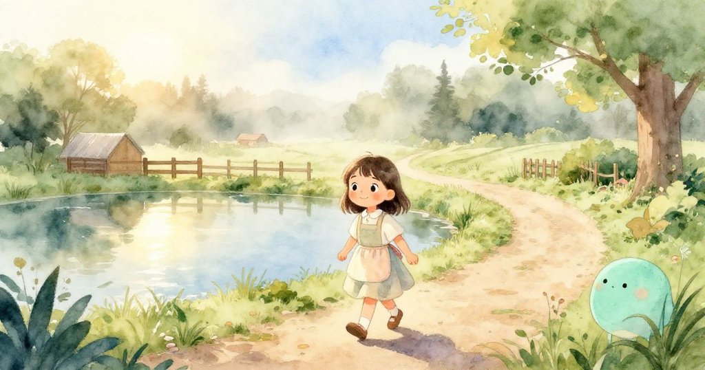 米婭手提籃子走向農場池塘，柔和晨霧環繞，臉上帶著期待笑容，場景充滿溫暖自然光，農場背景。