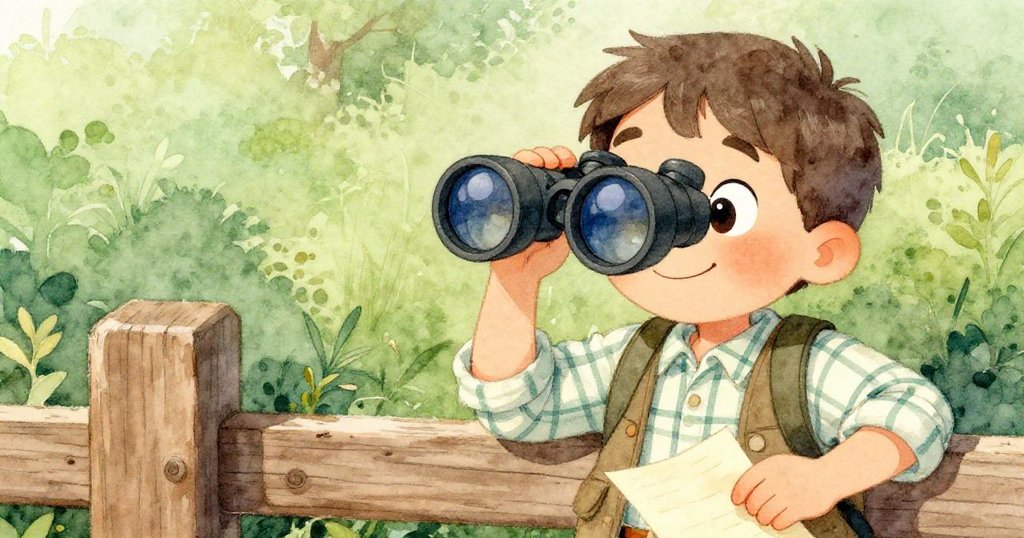 陌生人靠在木質柵欄上，近距離展現他熱情的眼神和微笑，拿著望遠鏡和筆記本，表情和善喜悅。