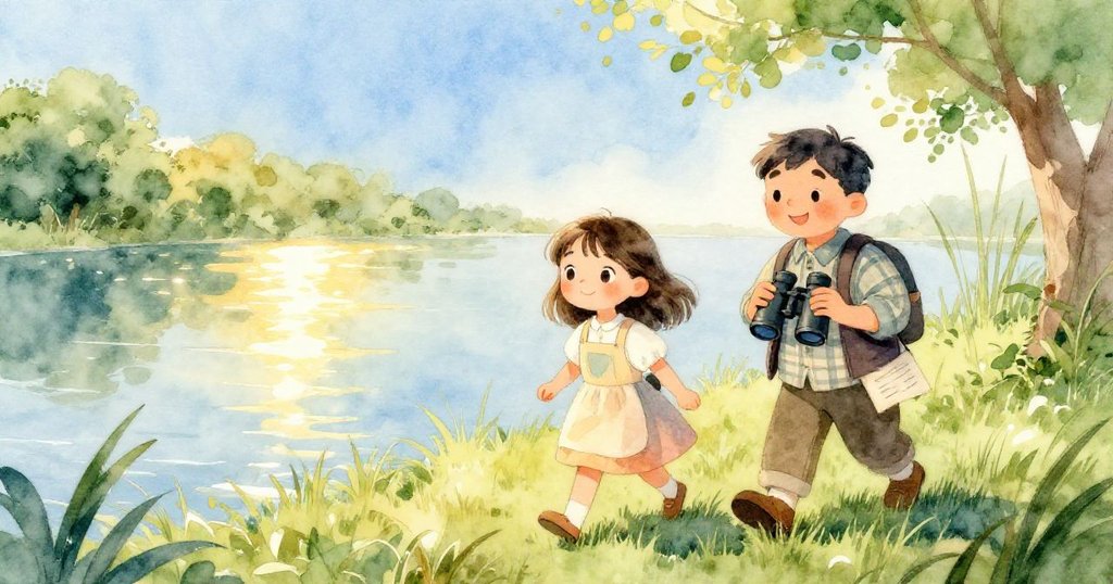 米婭與陌生人並肩走過高草邊緣，池塘上水面倒映出晨光與鷺鳥身影，氛圍寧靜而美麗。