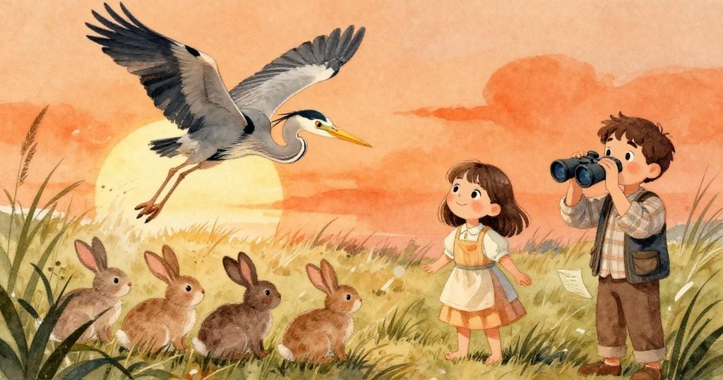 從高處角度觀看，一隻大鷺自蘆葦中展翅飛起，幾隻兔子驚慌奔逃，米婭與陌生人驚喜觀看此奇景。