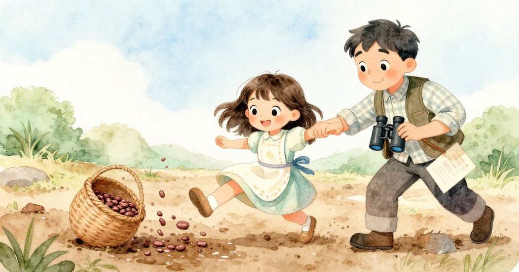 米婭差點滑倒於濕泥中，籃中豆子散落，兔子奔逃，陌生人迅速扶住她，兩人笑顏展露，充滿互動溫馨。