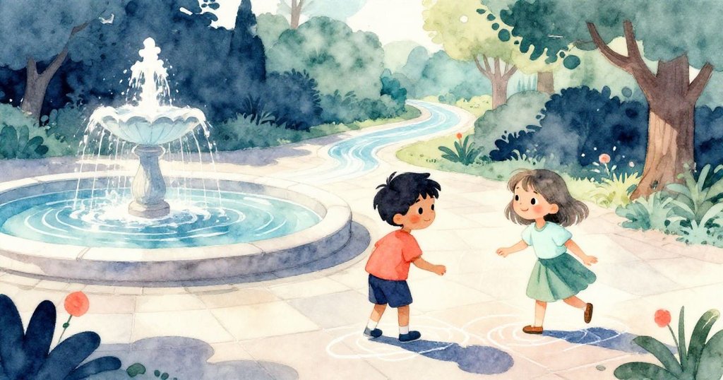 在明亮庭院中,Leo和Mia剪影在溫暖陽光下描繪樹和河,充滿期待與創作的氛圍