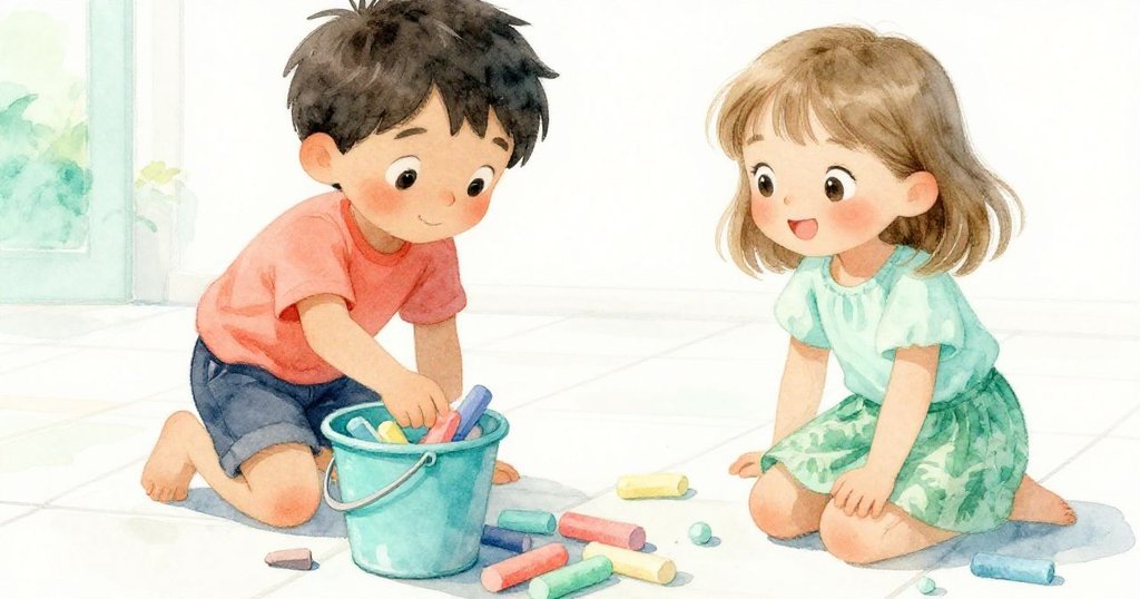 Mia細心地整理彩色粉筆,Leo在旁守護畫作,近距離細節展現桶與粉筆的溫馨創作情景