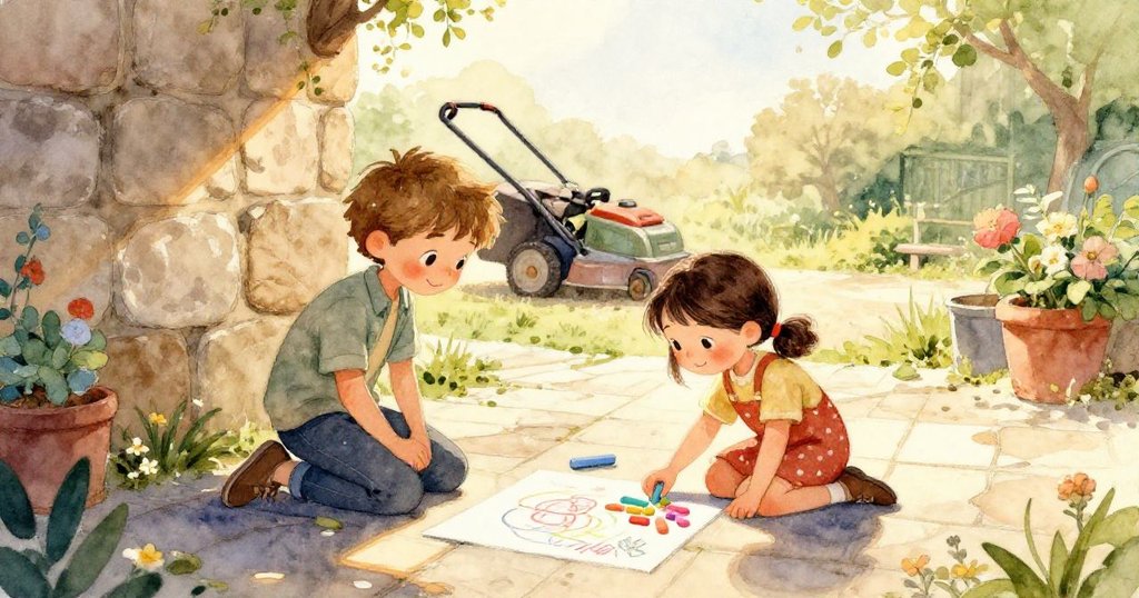 傾斜視角下,柔和的風吹起粉筆灰塵,在庭院瓷磚上展現流動與魔幻般的創作瞬間