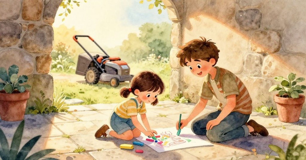 鏡頭中庭院漸轉走道,遠處傳來腳步聲與午餐鈴響,靜謐中蘊藏著期待的日常節奏