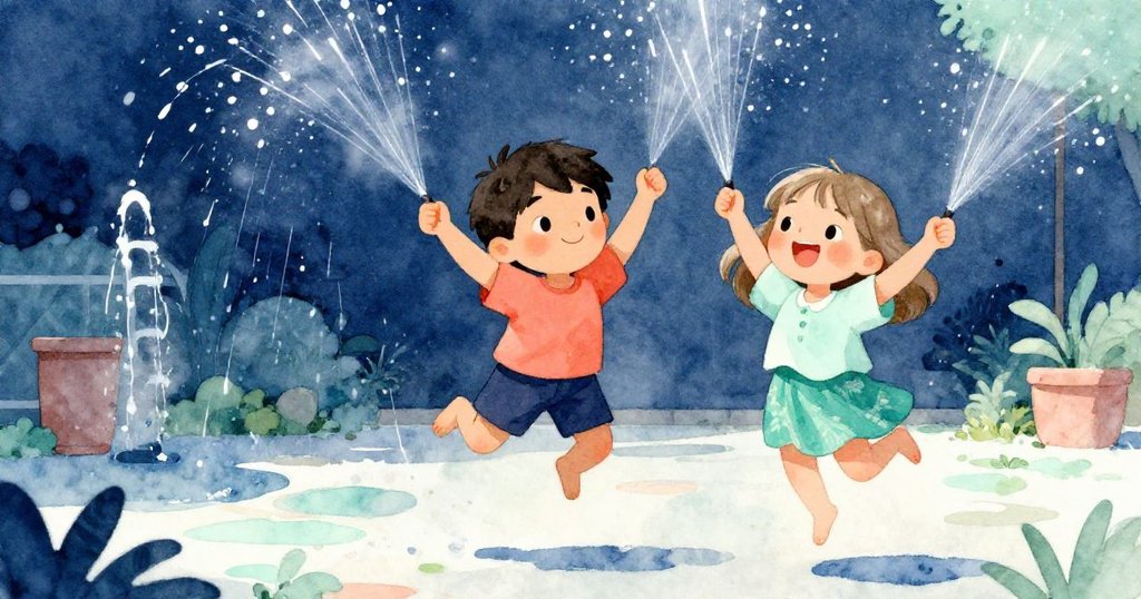 Leo和Mia歡快地在噴水器下跳躍嬉戲,水滴飛濺在瓷磚上,充滿驚喜與活力的動感畫面