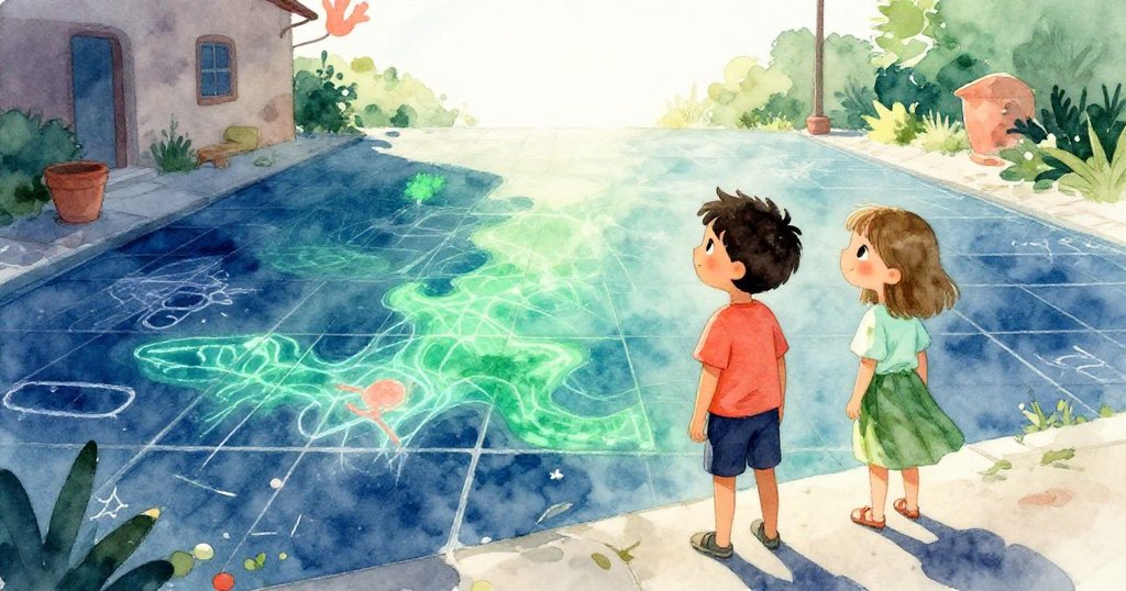 水花歇息後,Leo和Mia靜賞變得絢麗的畫作,深藍與綠色交織,映照出全新光明的未來