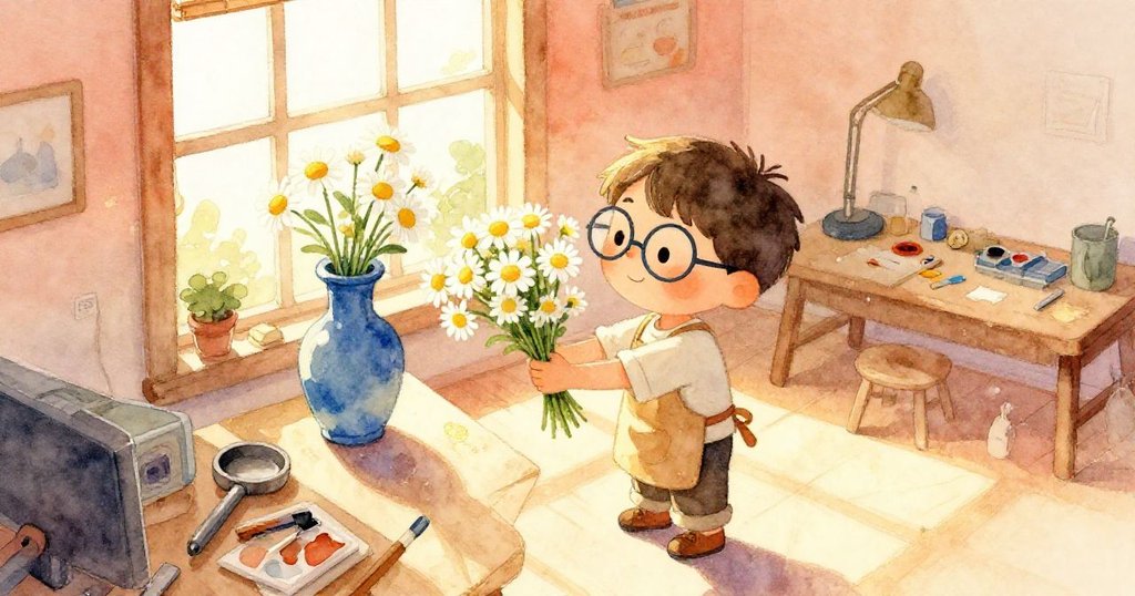 米羅正提著鮮花沿著工作室向藍花瓶走去,從上方看見窗邊光影交錯,臉上表現出充滿希望的笑容。