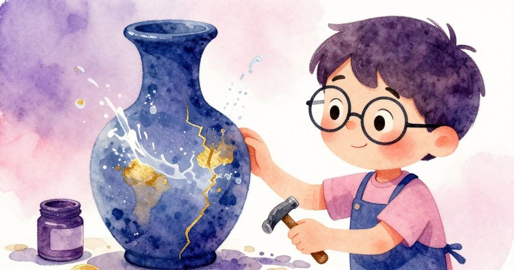 米羅發現藍花瓶上出現細小裂縫,水珠飛濺,畫罐與鐵鎚在近景中清晰呈現,臉上露出驚訝神情,故事進入轉折。