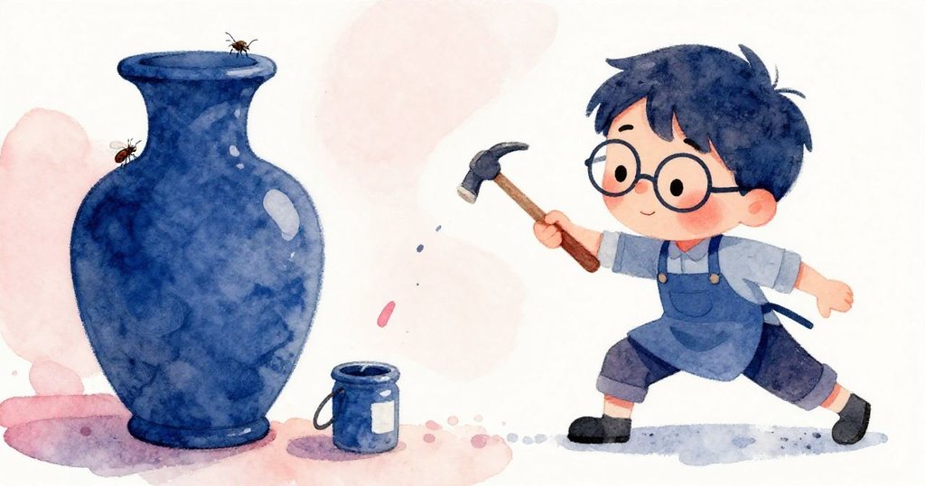米羅不小心碰到畫罐,鐵鎚傾斜飛落藍花瓶,旁有小昆蟲好奇爬行,呈現動感與意外的瞬間。