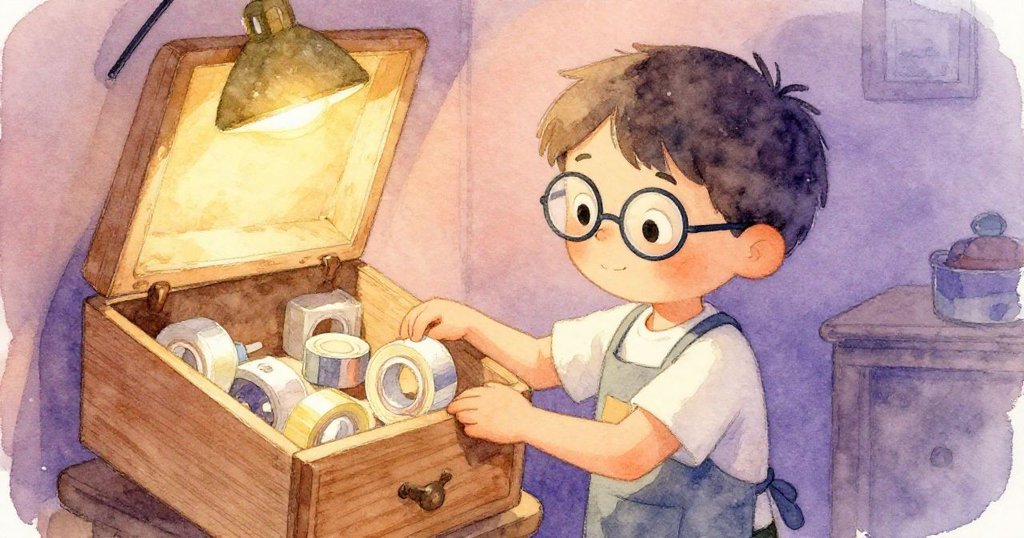 米羅走進工作室另一角,伸手從古舊櫃子中取出膠帶,臉上展現出平靜與決心,準備修補裂縫。