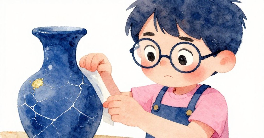 米羅專注地用膠帶修復藍花瓶的裂縫,近景清晰呈現他專注與擔憂的表情,情緒隨著修復逐漸平和。