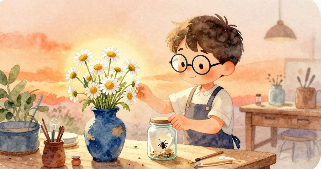 米羅溫柔地將鮮花放入修好的藍花瓶,同時幫助小昆蟲進入玻璃罐,散發溫暖光芒,故事圓滿結束。