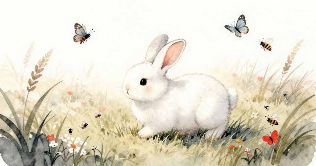 小兔子在晨光中跳躍於草叢中，周圍蝴蝶和小昆蟲熱鬧環繞，展現充滿期待的探險開始。