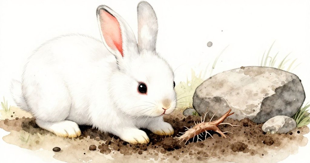 小兔子專注用爪子挖掘土壤，細節呈現平石與隱藏的根部，展現堅毅追尋發現秘密的瞬間。
