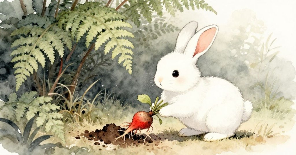 小兔子興奮地抱著剛挖出的脆根奔向蕨葉間的陰涼地，晨光柔和灑落，充滿成就與快樂。