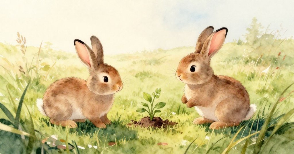 乾柴枝突然斷裂堅果滾落過鵝卵石，螞蟻忙碌聚集，小兔子帶著驚訝神情觀察緊張轉折。