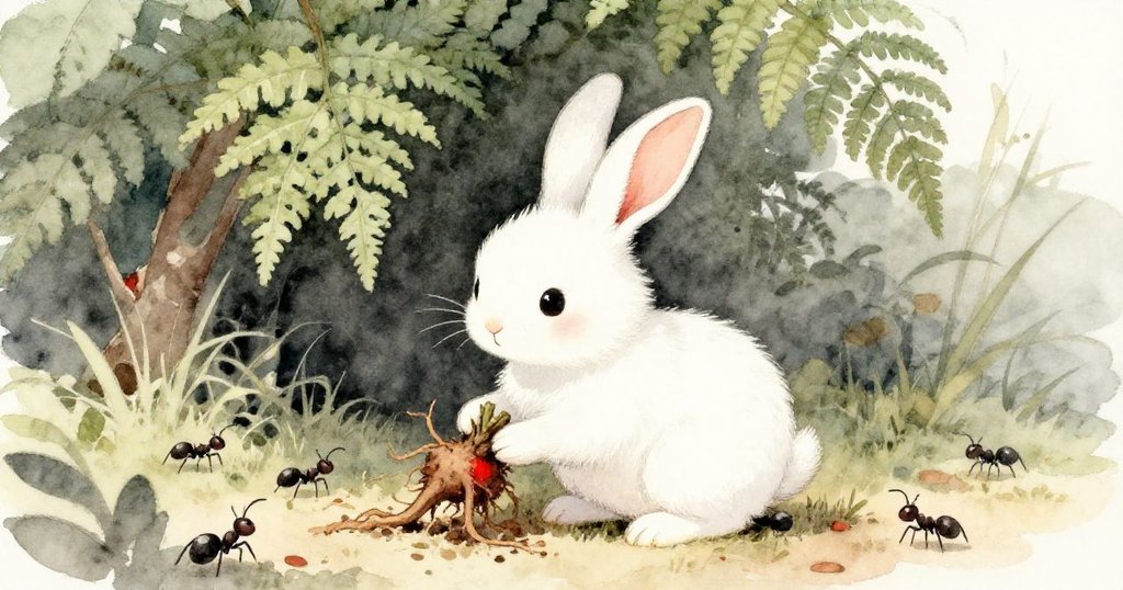 小兔子滿懷喜悅攜帶脆根前往蕨葉遮蔽的安靜角落，螞蟻緩聚，展現溫馨重逢與圓滿結局。
