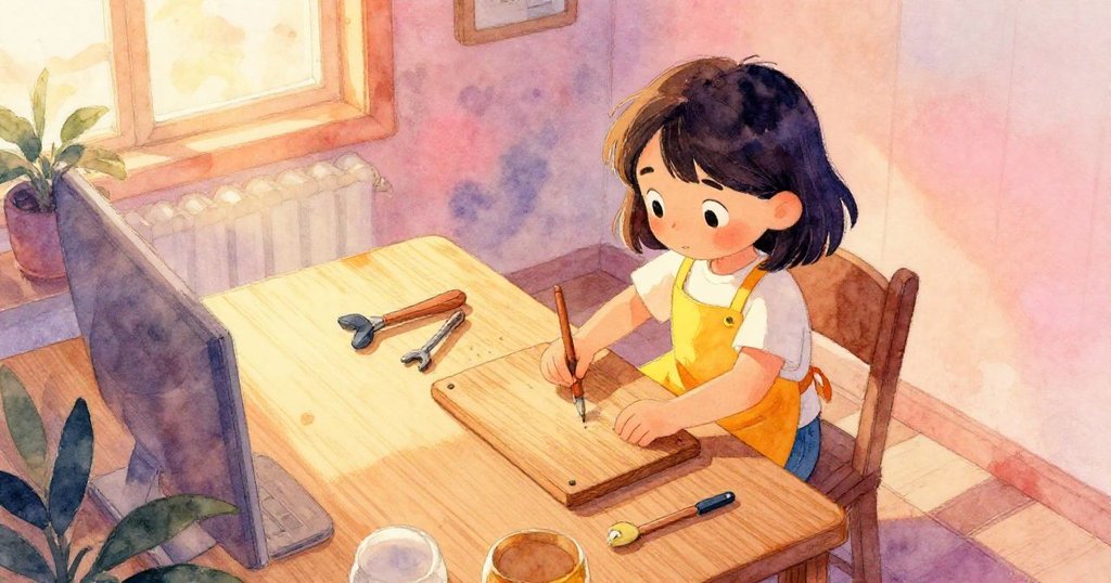 Mia在溫暖早晨中，從高空視角整理木桌與工具，仔細準備機械材料，展現專注與家庭溫馨氛圍。