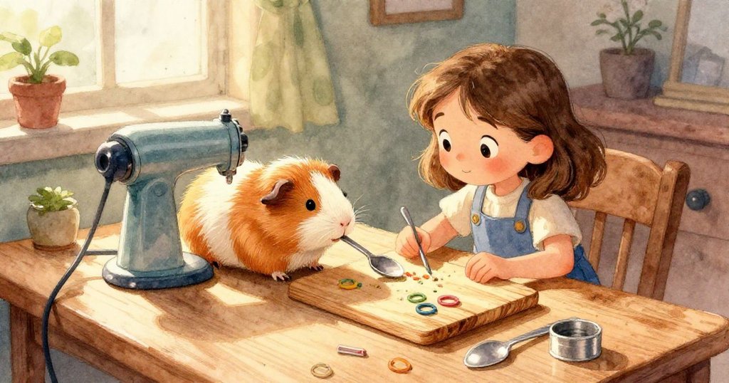 Mia仔細組裝機械零件，手中呈現湯匙、橡皮筋與紅蘿蔔片細節，表情專注展現創意與精心準備。