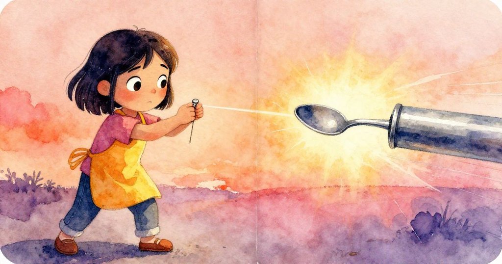 Mia輕觸釋放銷鈕，場景分割展示湯匙迅速彈出與金屬管碰撞，營造動作與驚喜連續情節。