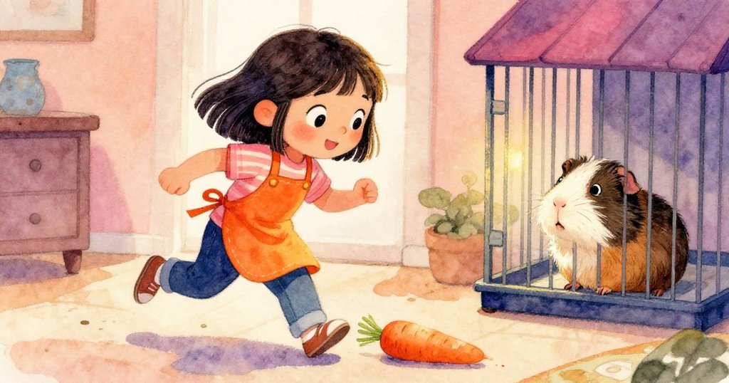 Mia歡笑追逐逃逸紅蘿蔔，籠中天竺鼠好奇注視，室內家庭場景中展現快樂活潑追逐動作。