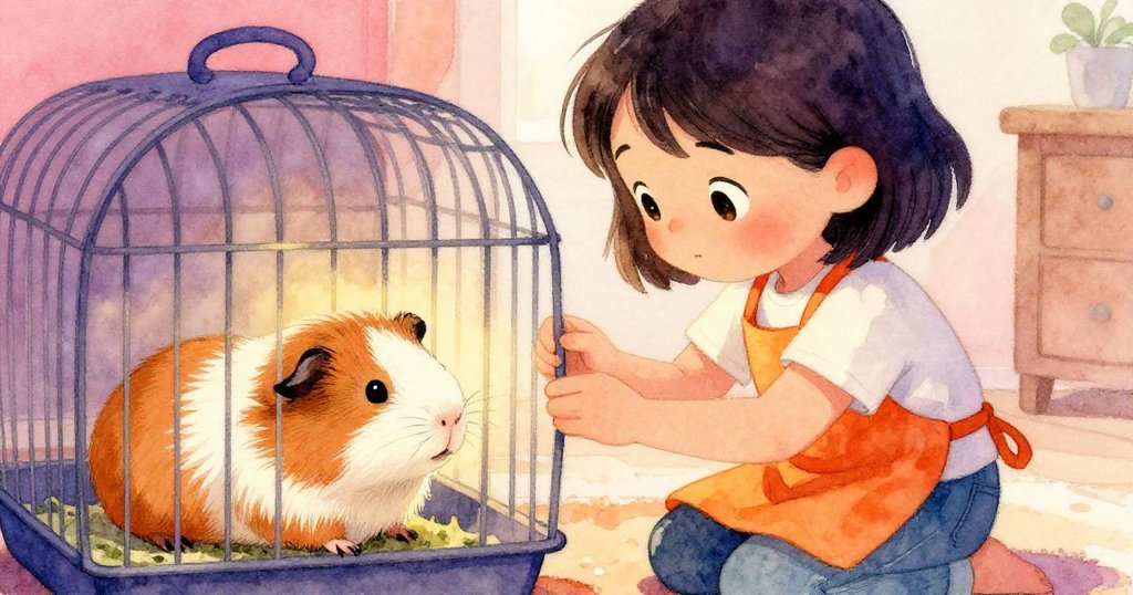 Mia平靜地關上籠門，天竺鼠在室內安然休息，溫柔燈光中呈現家庭溫馨與寧靜結局。