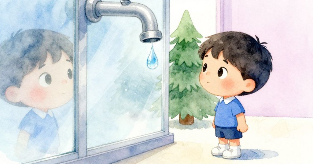 Leo 好奇伸手觀察從水龍頭滑落的晶亮水滴，高窗外夕陽斜射，水珠映出他驚喜觸摸的瞬間。