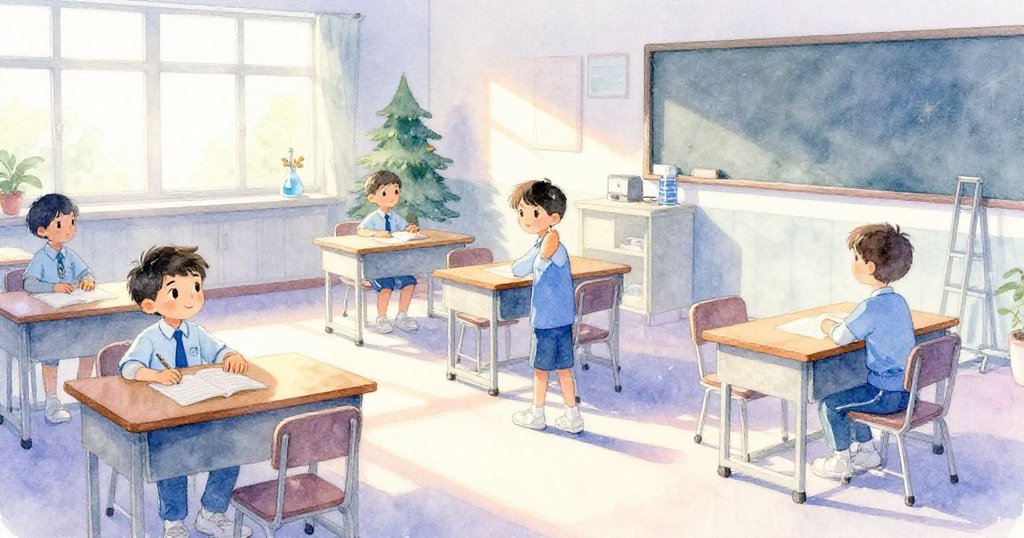 教室內柔和夕陽透過高窗灑下長條光影，Leo 靜靜感受魔法般的氛圍，桌上物品在光與影中閃爍。