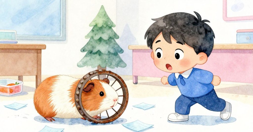 Leo 驚訝凝視一隻小天竺鼠輕推生鏽跑輪，藍色紙張飄散，臉上流露出無比好奇與喜悅。