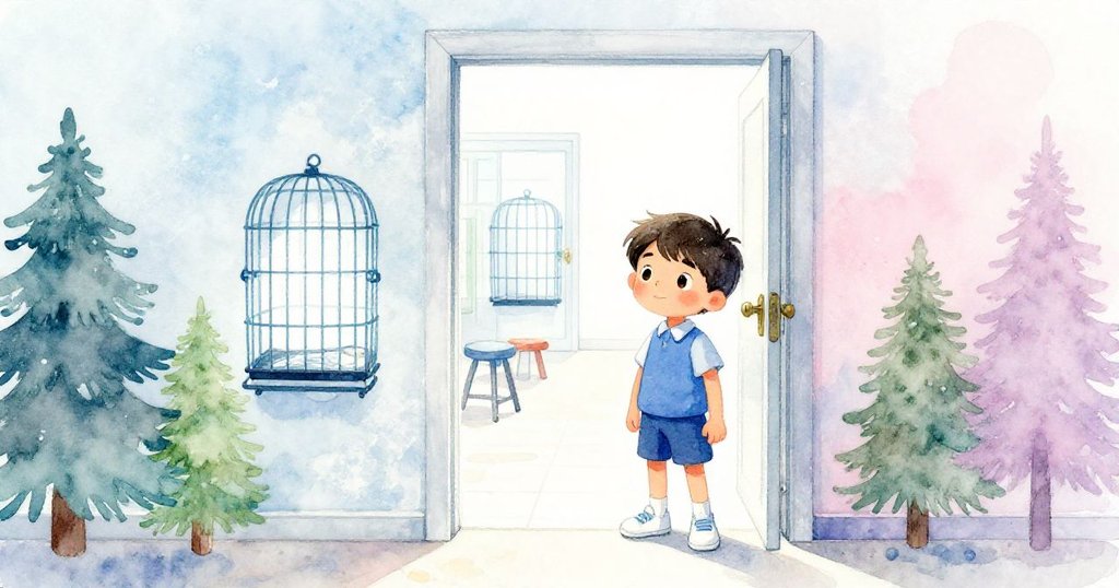 Leo 微笑著站在敞開的門旁，目光堅定望向明亮走廊，背景中閃亮清洗後的籠子與穩固凳子象徵著冒險的圓滿結束。