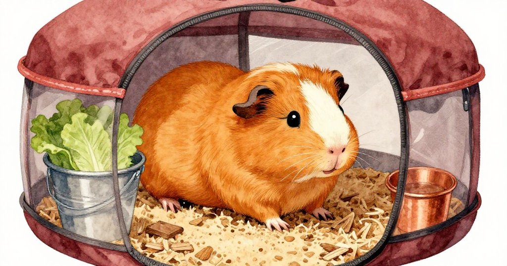 在旅行籠內像新房間般溫馨,Pepper在散落木屑與砂粒間探險,桶緣及生菜邊緣若隱若現,氣氛溫暖。