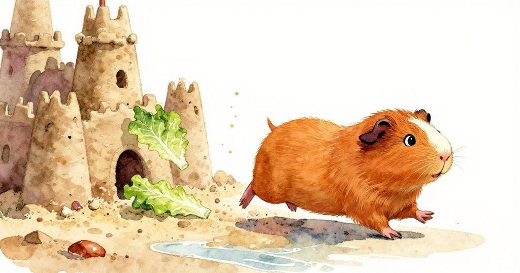 Pepper奮力追逐落地生菜,迅速奔跑於濕沙上,沙堡牆倒塌成斜坡,波浪退去映出動感追逐景象。