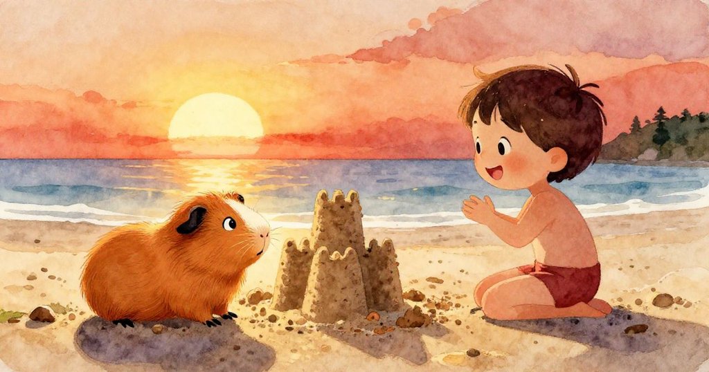 夕陽下海灘寧靜,Pepper與小孩同望倒塌沙堡餘痕,臉上洋溢柔和喜悅與平靜溫馨,景致動人。