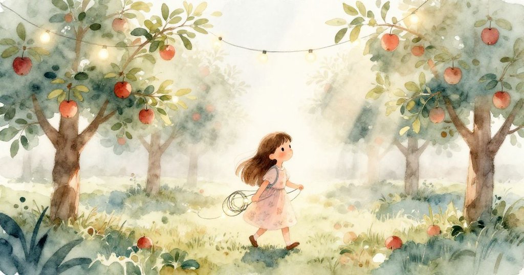 萊娜背著串燈走進蘋果園，晨霧繚繞，輕柔光線灑下，她滿懷期待踏上冒險旅程。