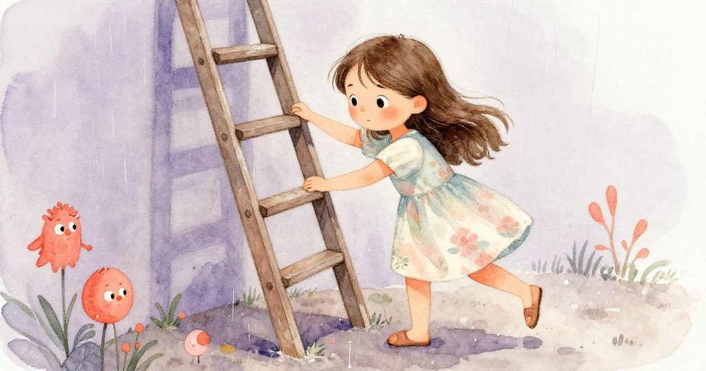 萊娜小心踩在雨後鬆軟泥土上，她的梯子部分陷入土地，腳步輕盈中展現出堅定與細緻。